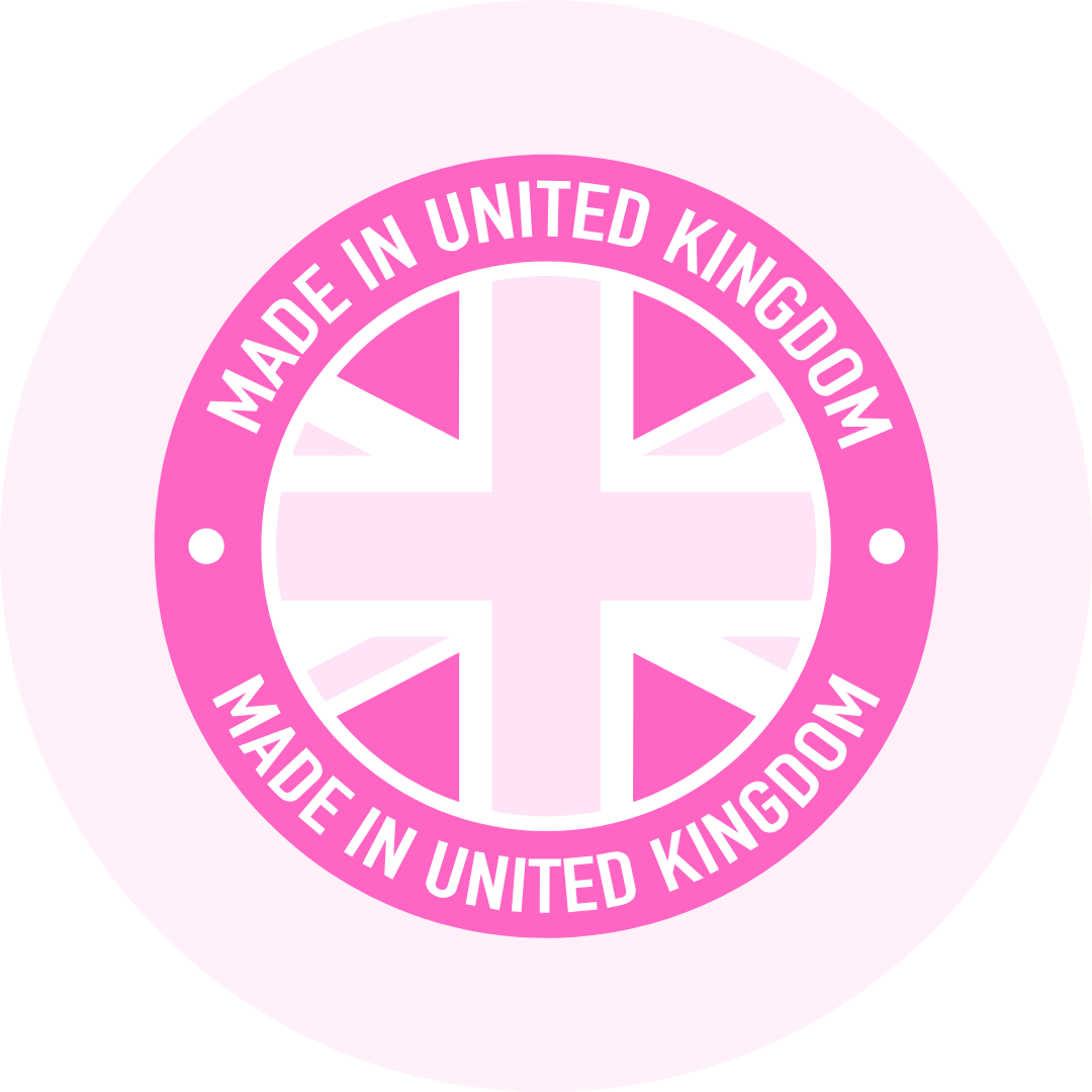 Pink circular badge with 'Made in United Kingdom' and Union Jack design.
