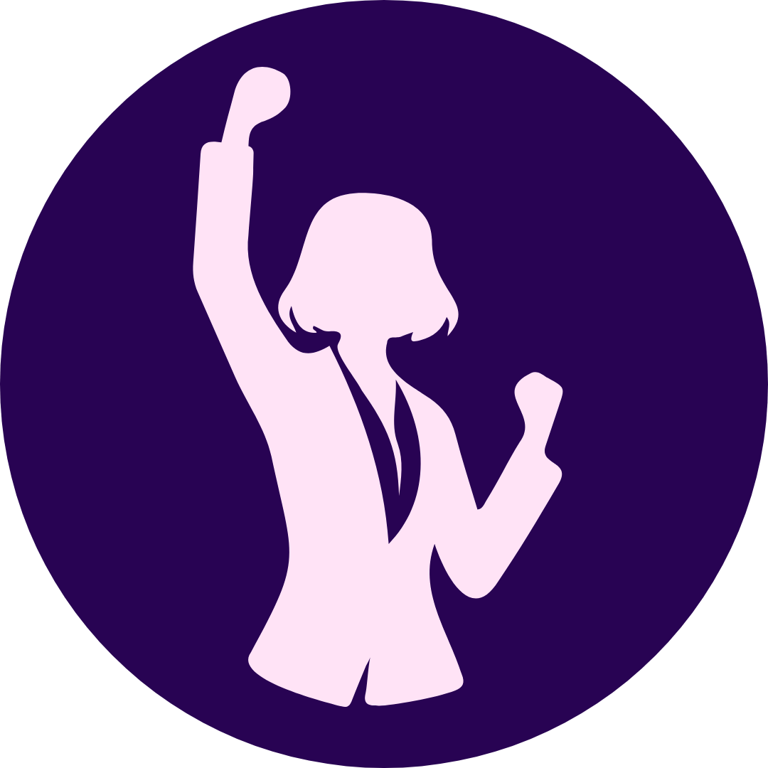 Silhouette of a person with raised fists inside a purple circle.