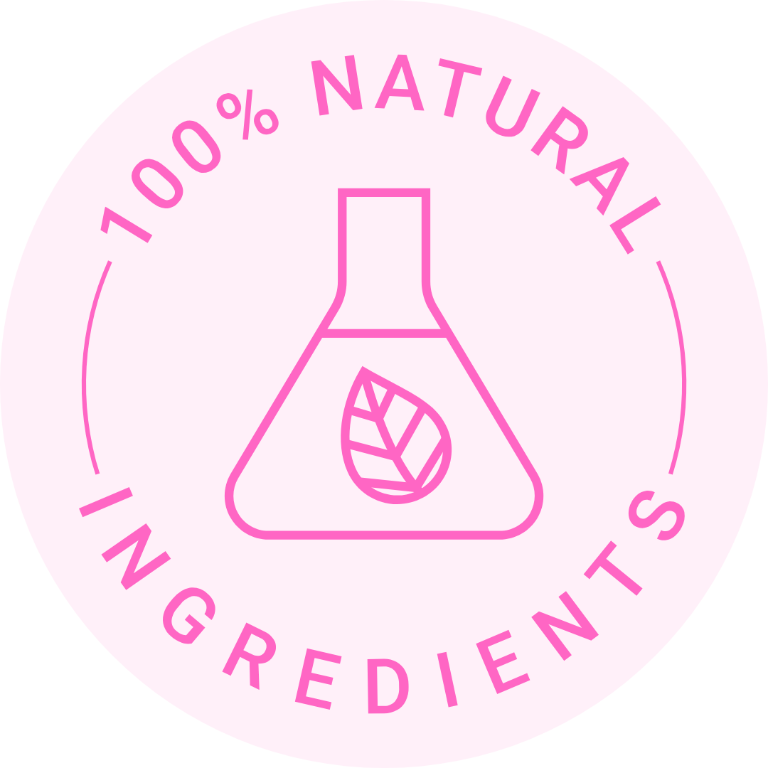 Pink icon with flask and leaf, labeled '100% Natural Ingredients'.