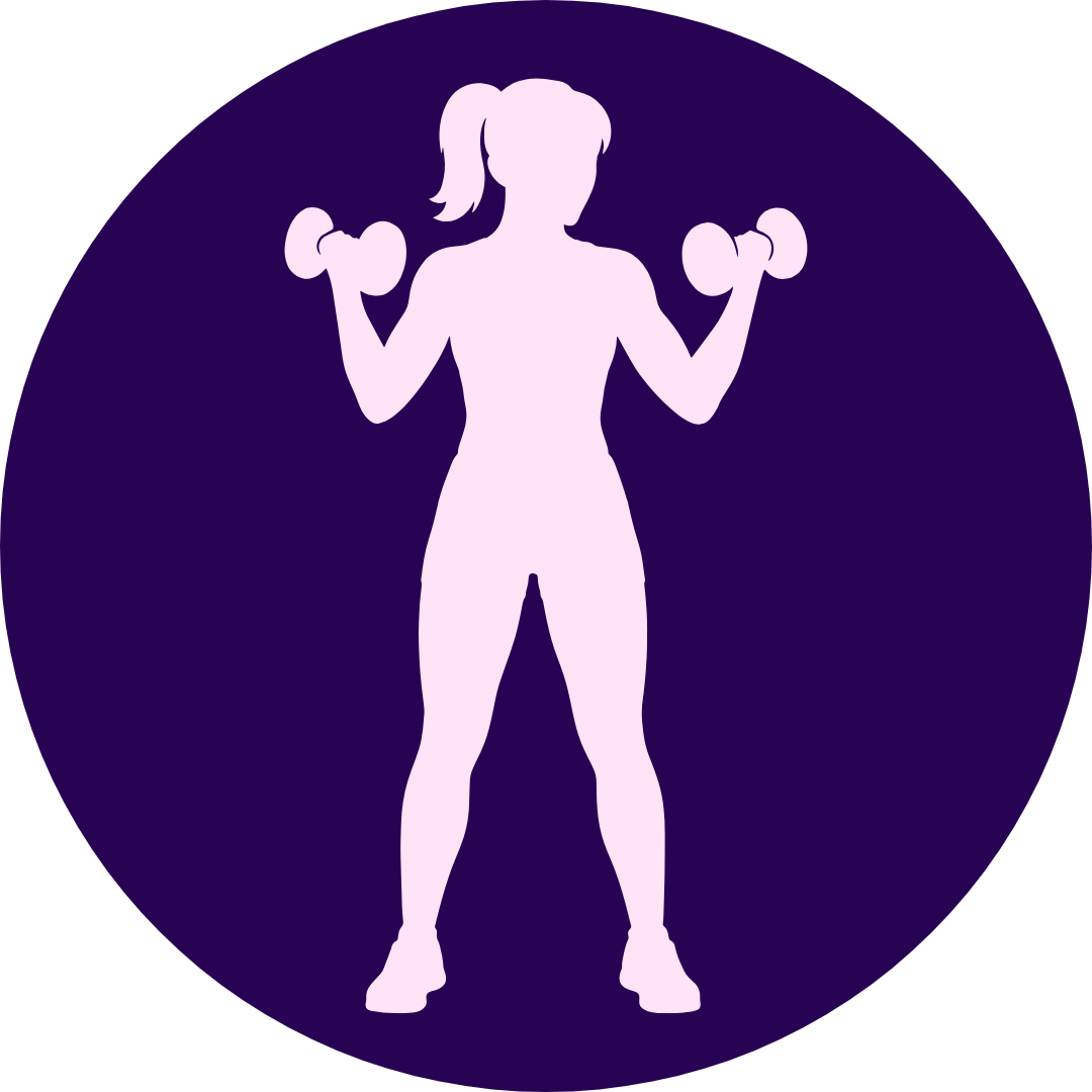 Silhouette of a woman lifting dumbbells inside a purple circle.