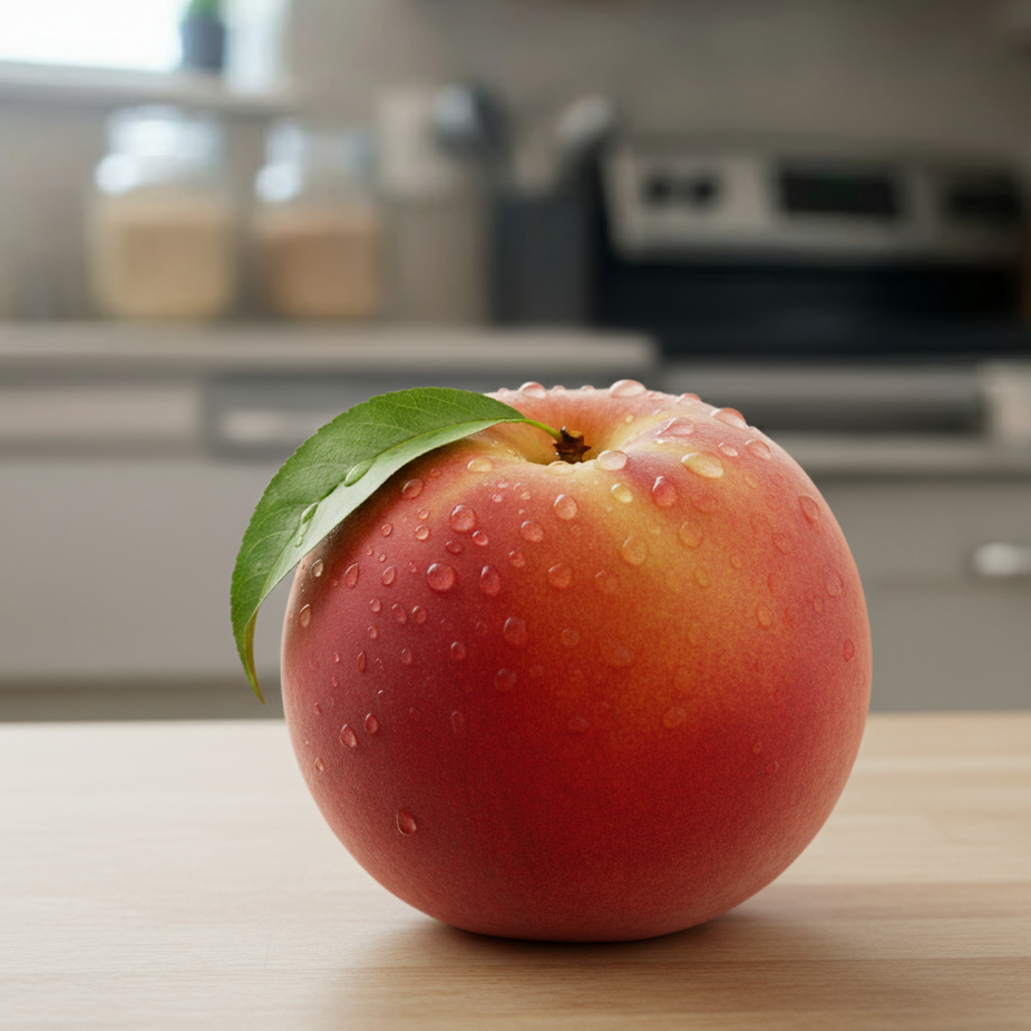 A fresh peach with water droplets on a kitchen countertop.