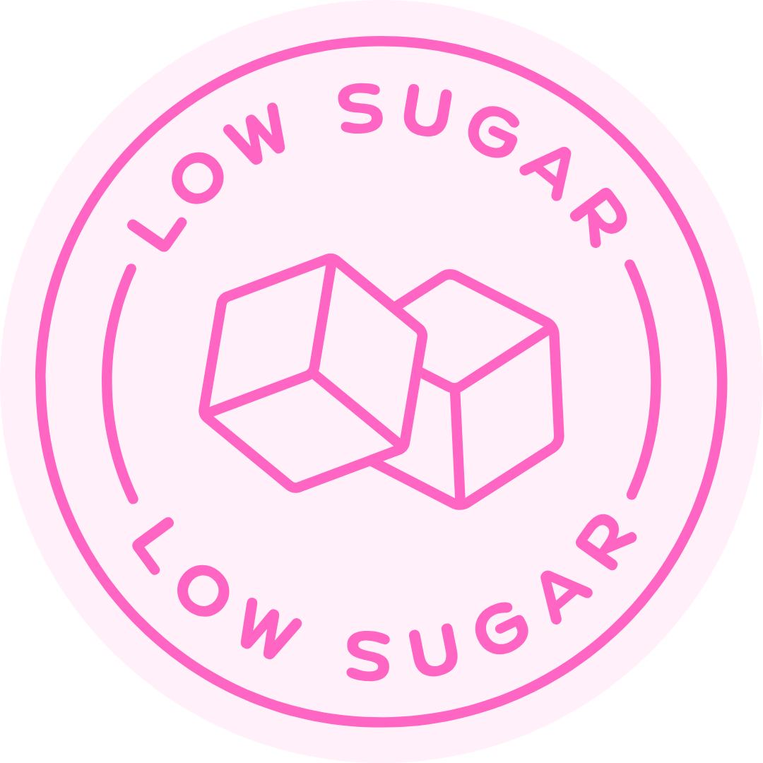 Pink badge with 'Low Sugar' text and sugar cubes icon.