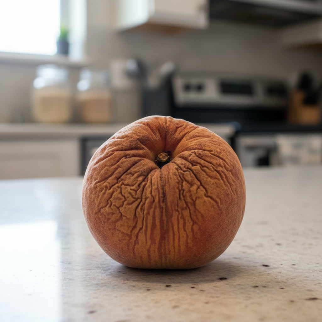 A wrinkled peach on a kitchen countertop.