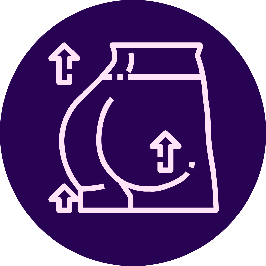 Outline of shorts with upward arrows on a purple background.
