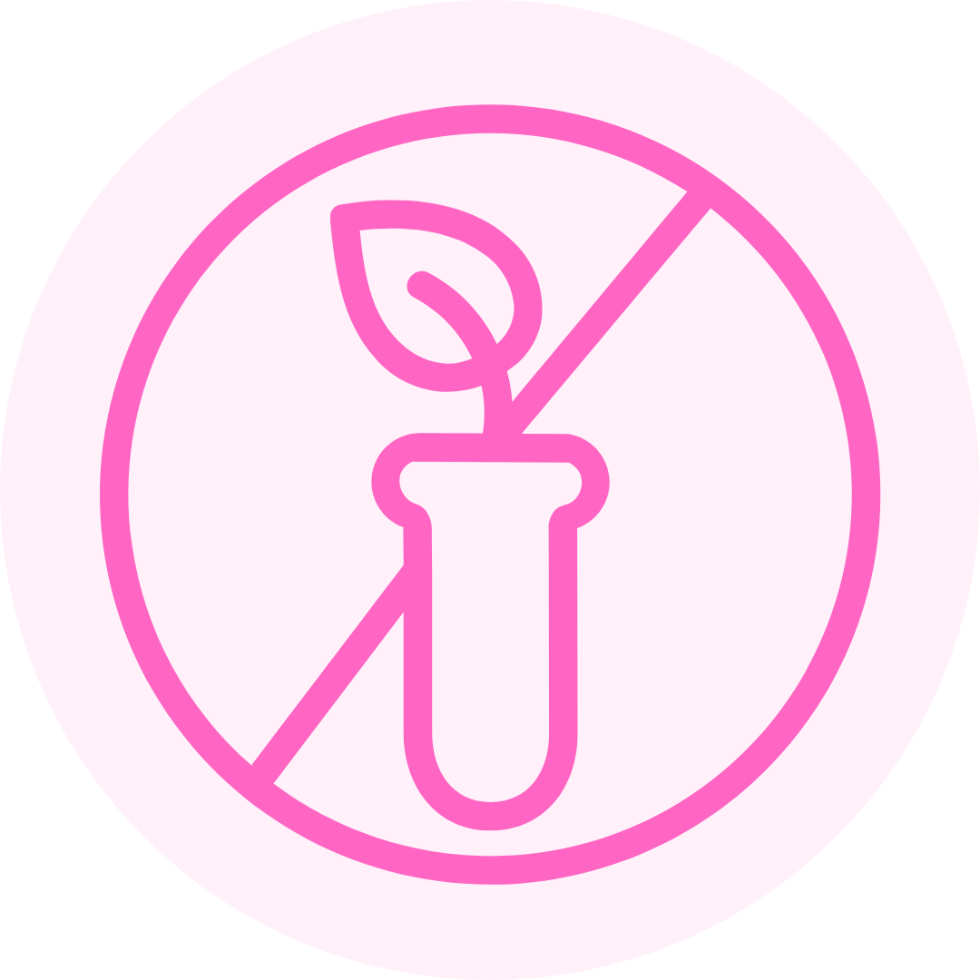 Pink line drawing of a plant in a test tube with a prohibition symbol.