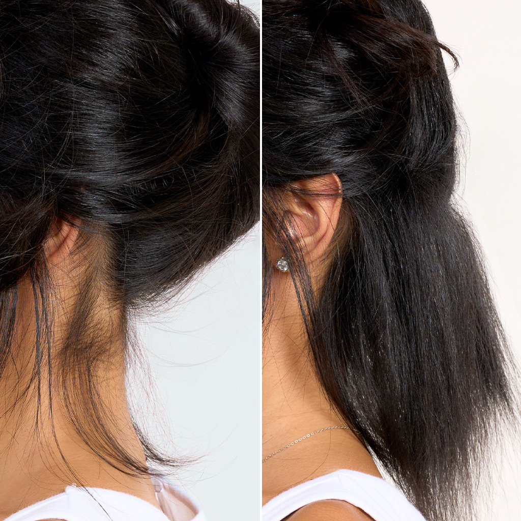 A before-and-after split image showing the back of a woman's dark hair, with flyaways smoothed down.