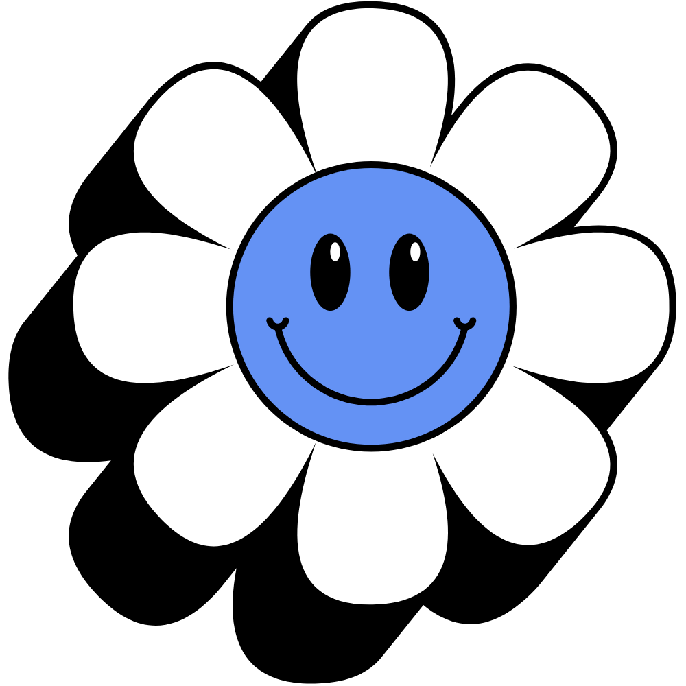 Smiling blue face with black and white flower petals.