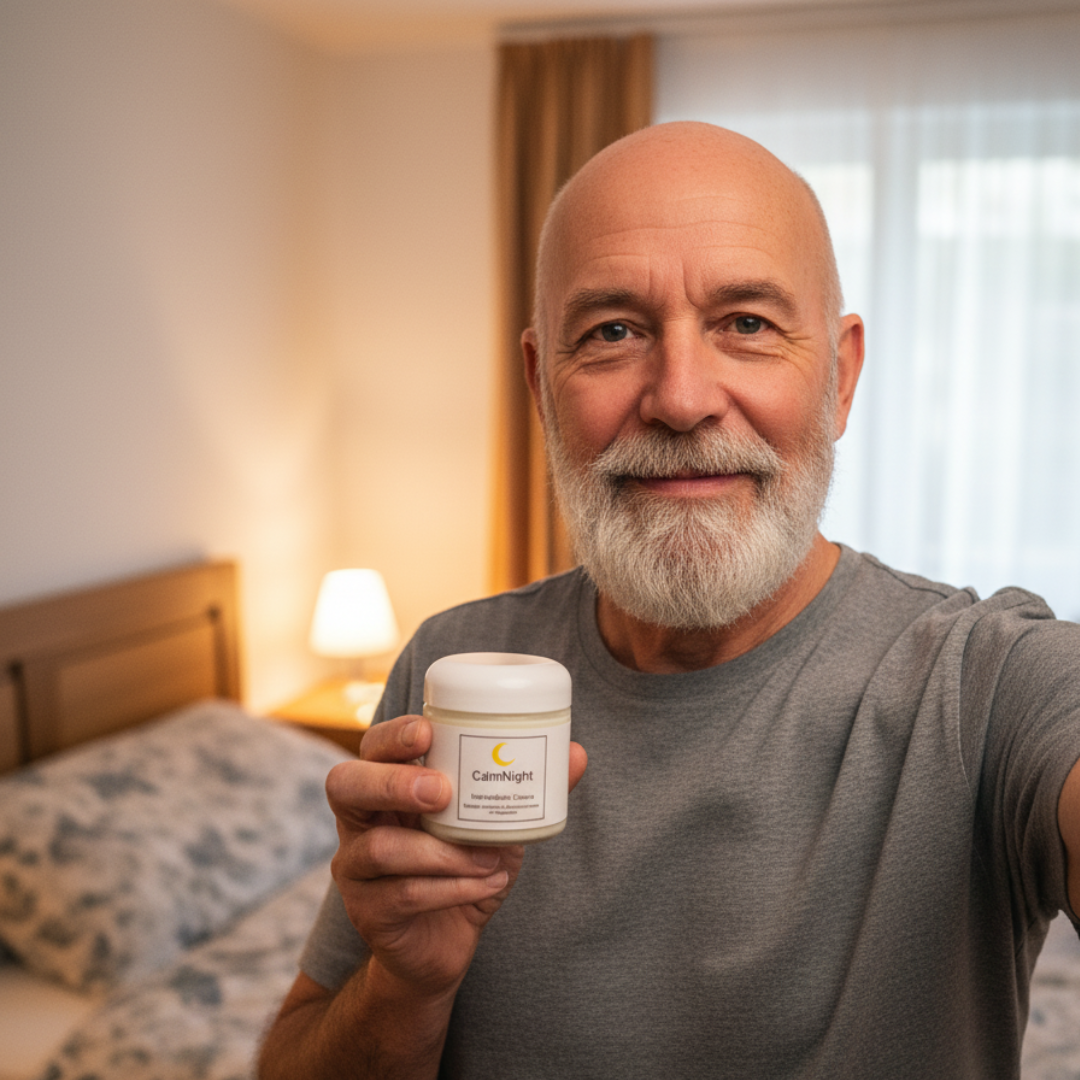 Person holding a jar labeled 'CalmNight' in a warmly lit bedroom.