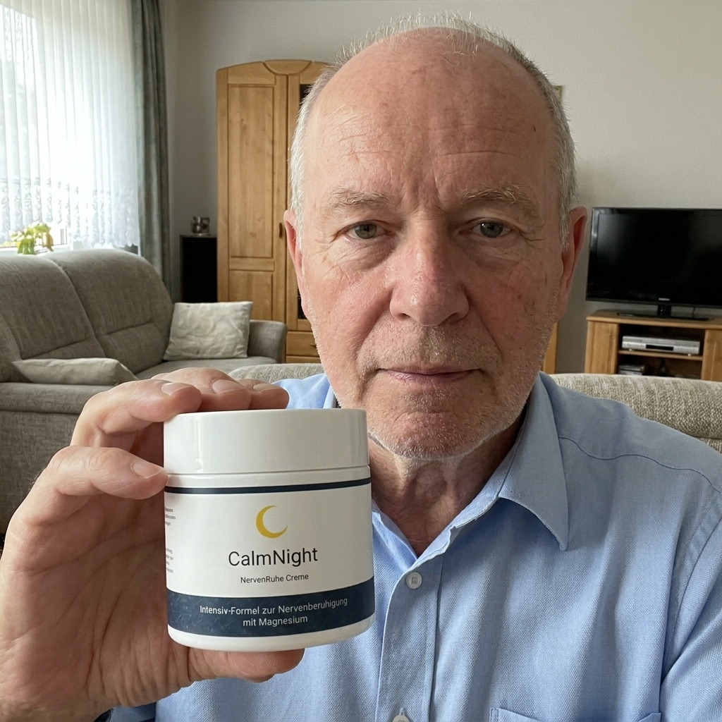 An older man in a blue shirt holds up a white jar of CalmNight cream in a living room.