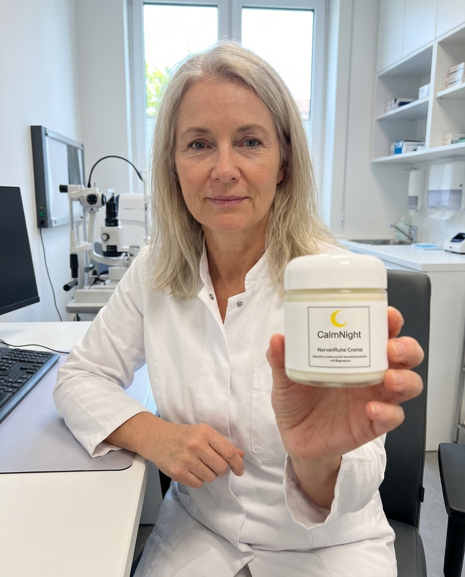 A woman in a white lab coat sits in a medical office holding a small jar of CalmNight cream.