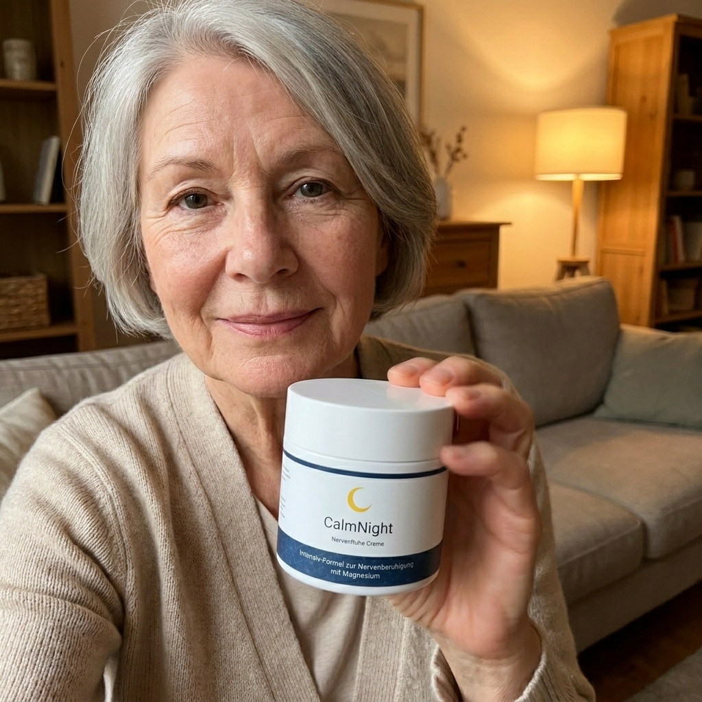 A woman with short gray hair smiles while holding a white jar of CalmNight cream.