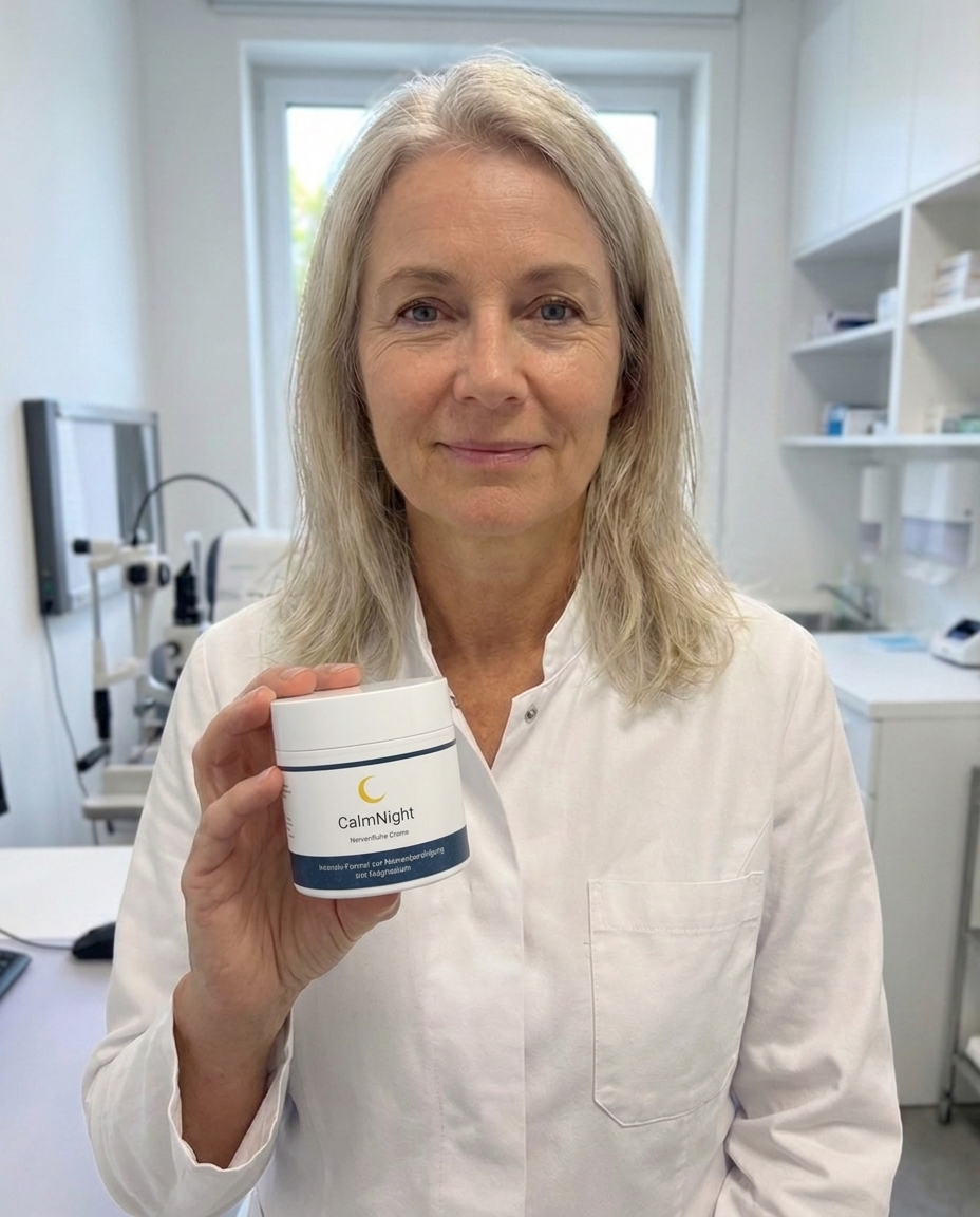 A woman in a white lab coat holds up a small white jar labeled 'CalmNight' in an office.