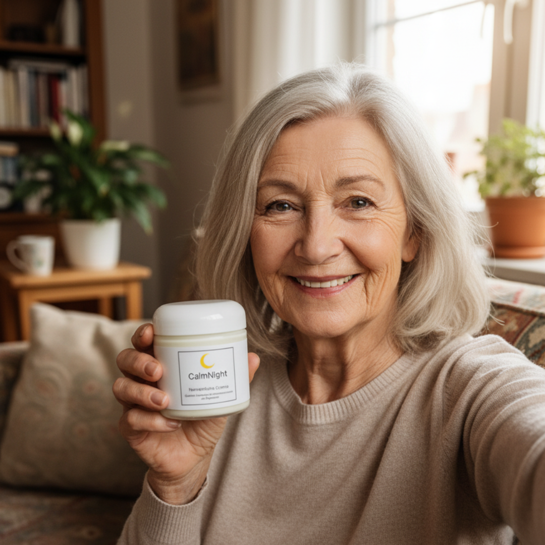 Smiling person holding a jar labeled 'CalmNight' in a cozy home setting.