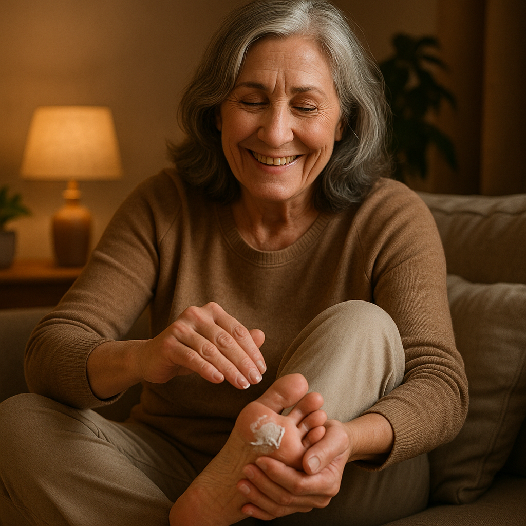 Smiling woman applying cream to her foot while sitting on a couch.