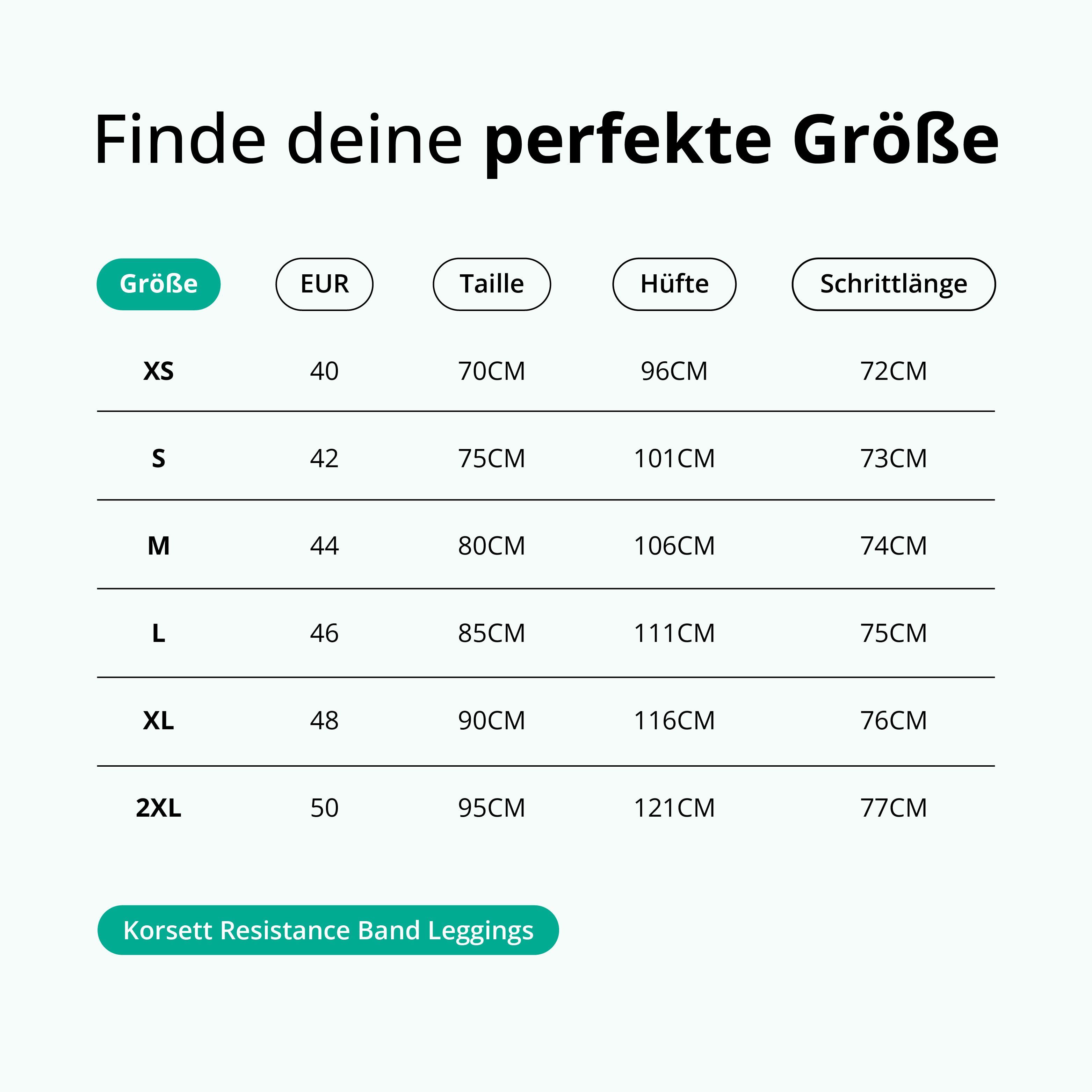 Size chart for leggings with measurements in EUR, waist, hips, and inseam.