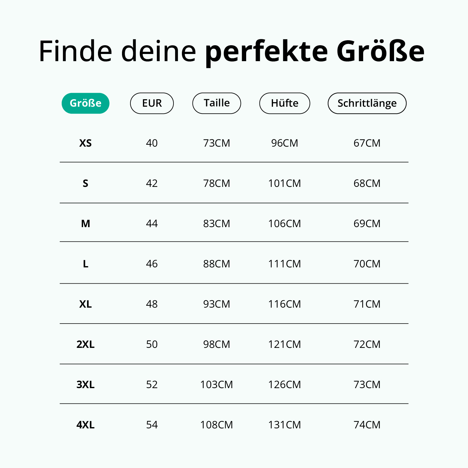Size chart with measurements in inches and centimeters for XS to 4XL.
