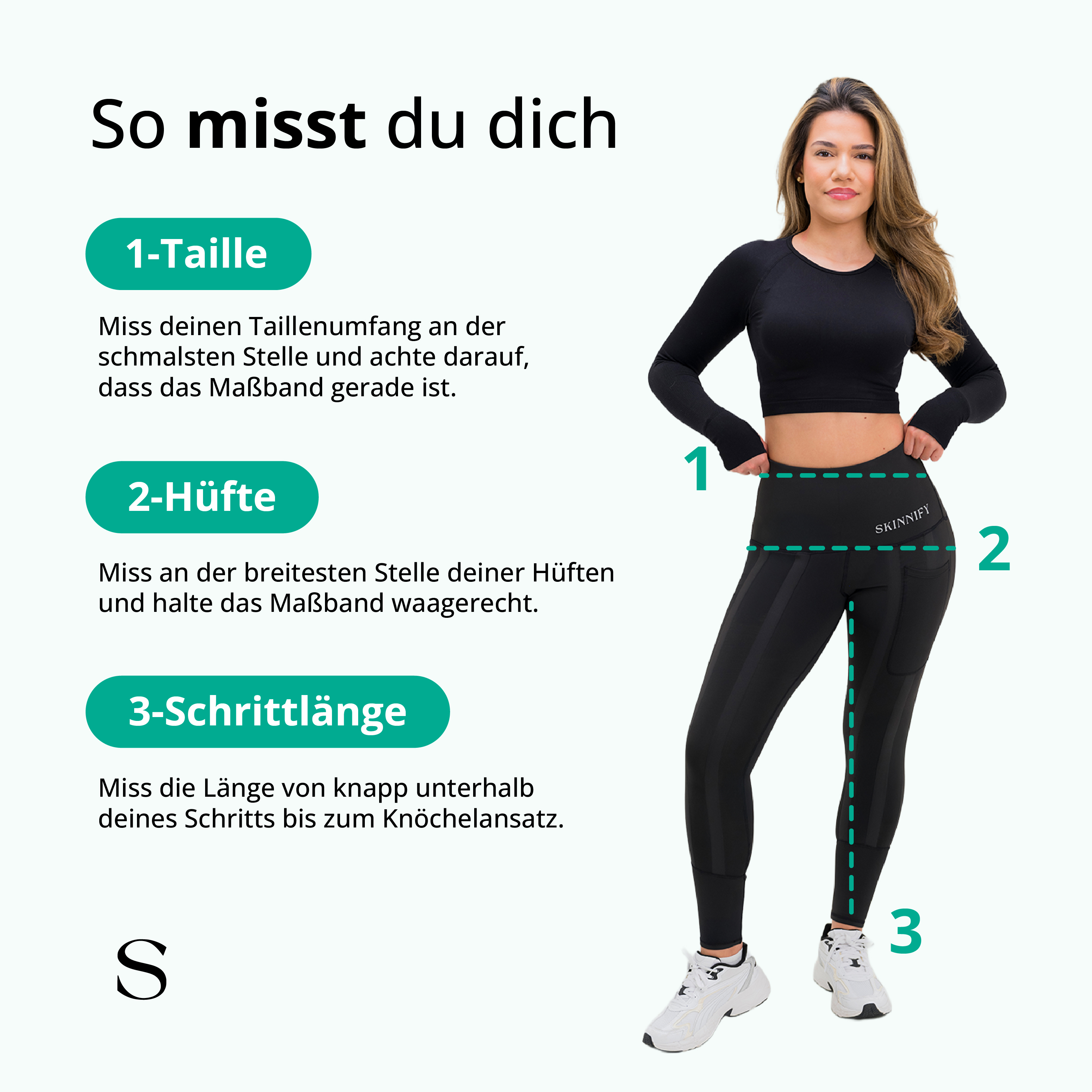 Woman demonstrating how to measure waist, hips, and inseam with text instructions in German.