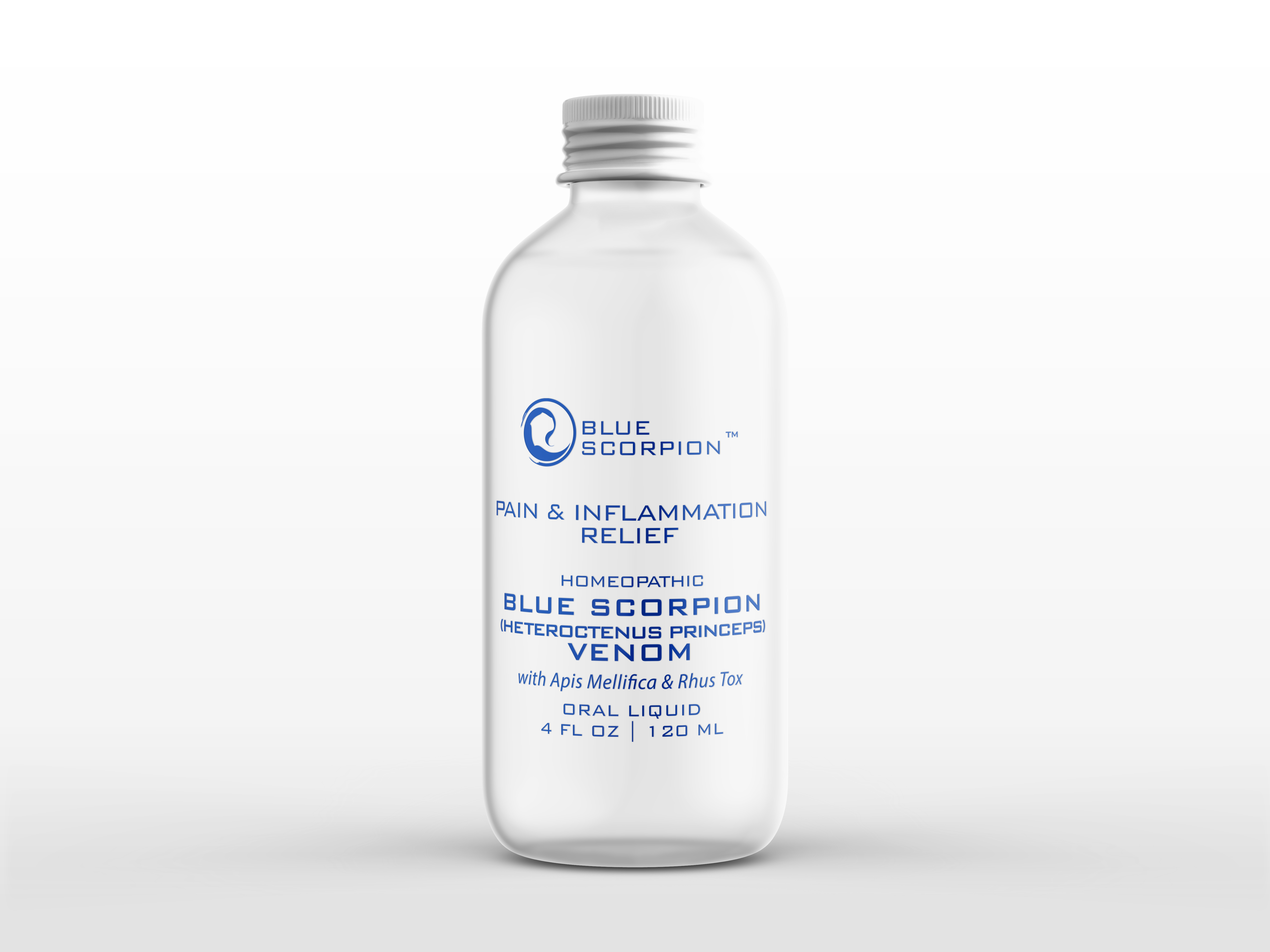 Clear bottle labeled 'Blue Scorpion Venom' for pain and inflammation relief.