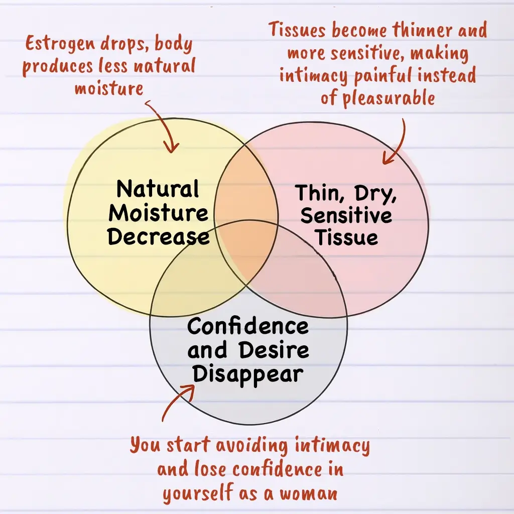 Venn diagram illustrating effects of estrogen drop on moisture, tissue, and confidence.