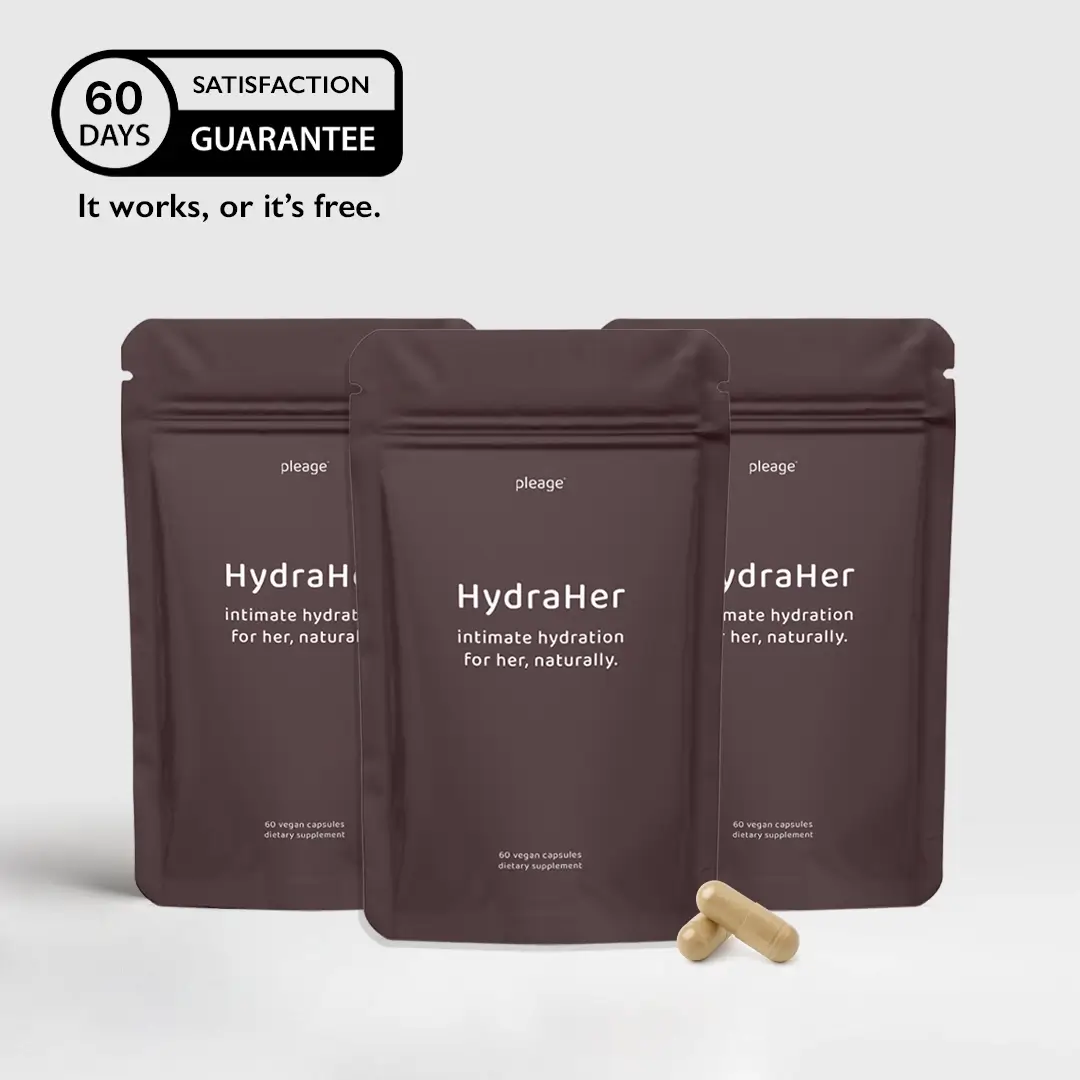 Three HydraHer supplement pouches with capsules, 60-day satisfaction guarantee label.