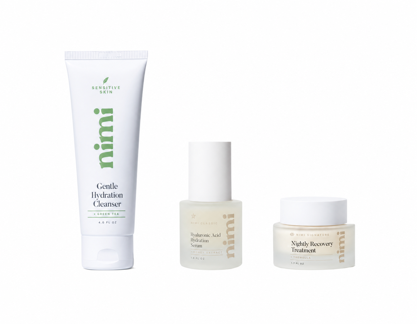 Three Nimi skincare products, a cleanser, serum, and treatment, arranged together on a white background.