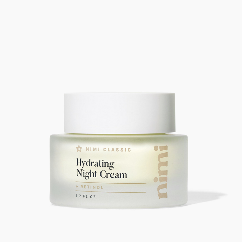 A frosted glass jar of Nimi Classic Hydrating Night Cream with Retinol on a white background.
