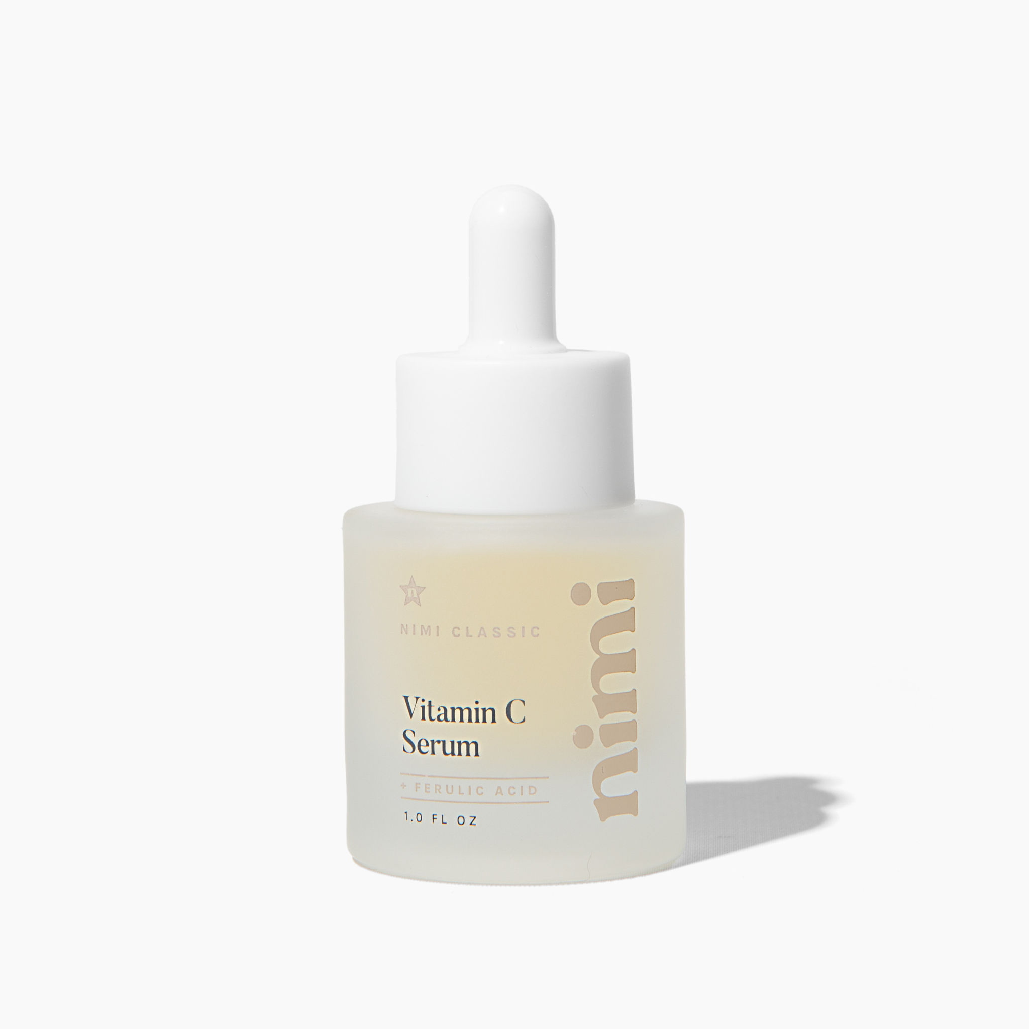 A frosted glass bottle of Nimi Vitamin C Serum with a white dropper lid on a white background.