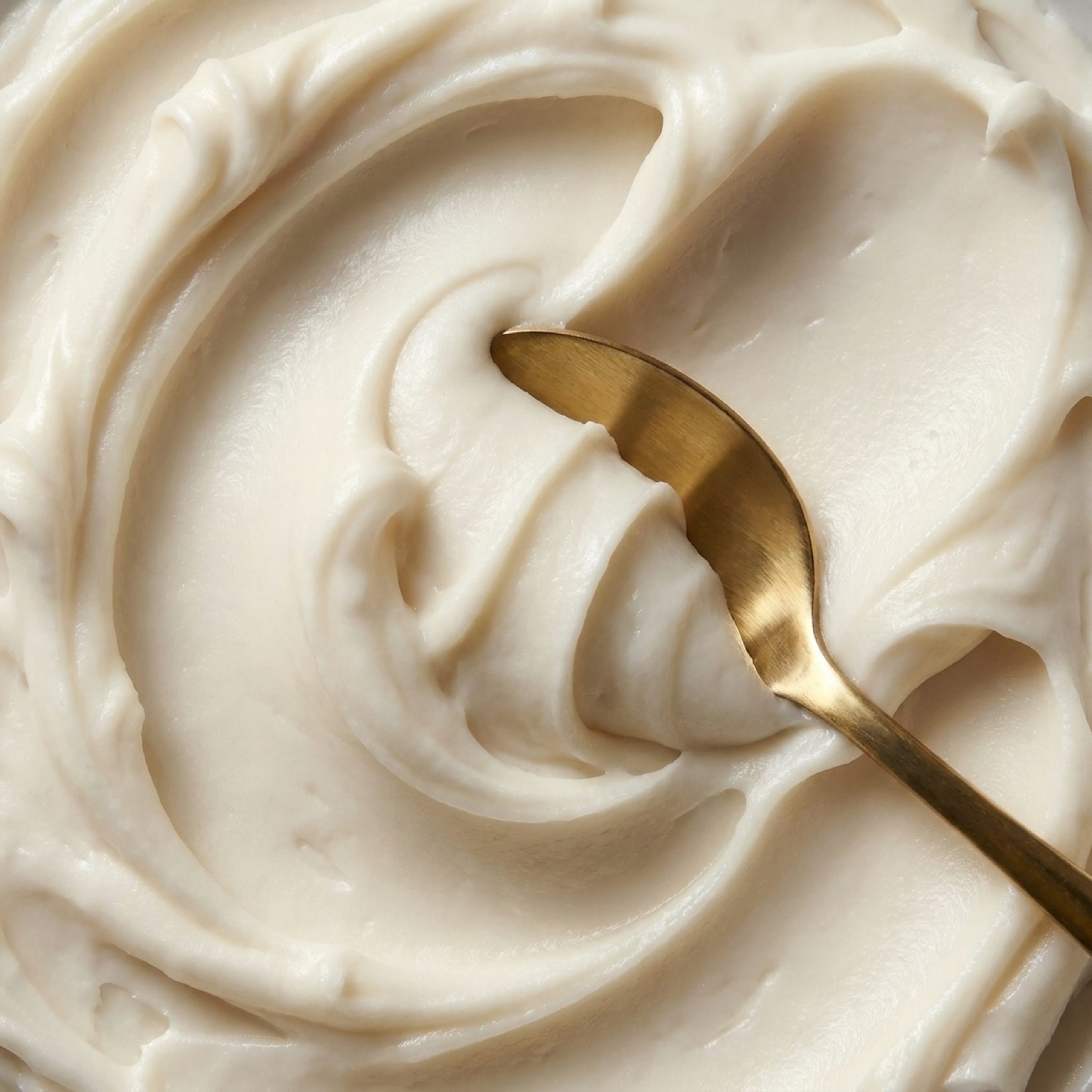 A close-up, overhead shot of a gold spoon resting in thick, off-white swirled cream.