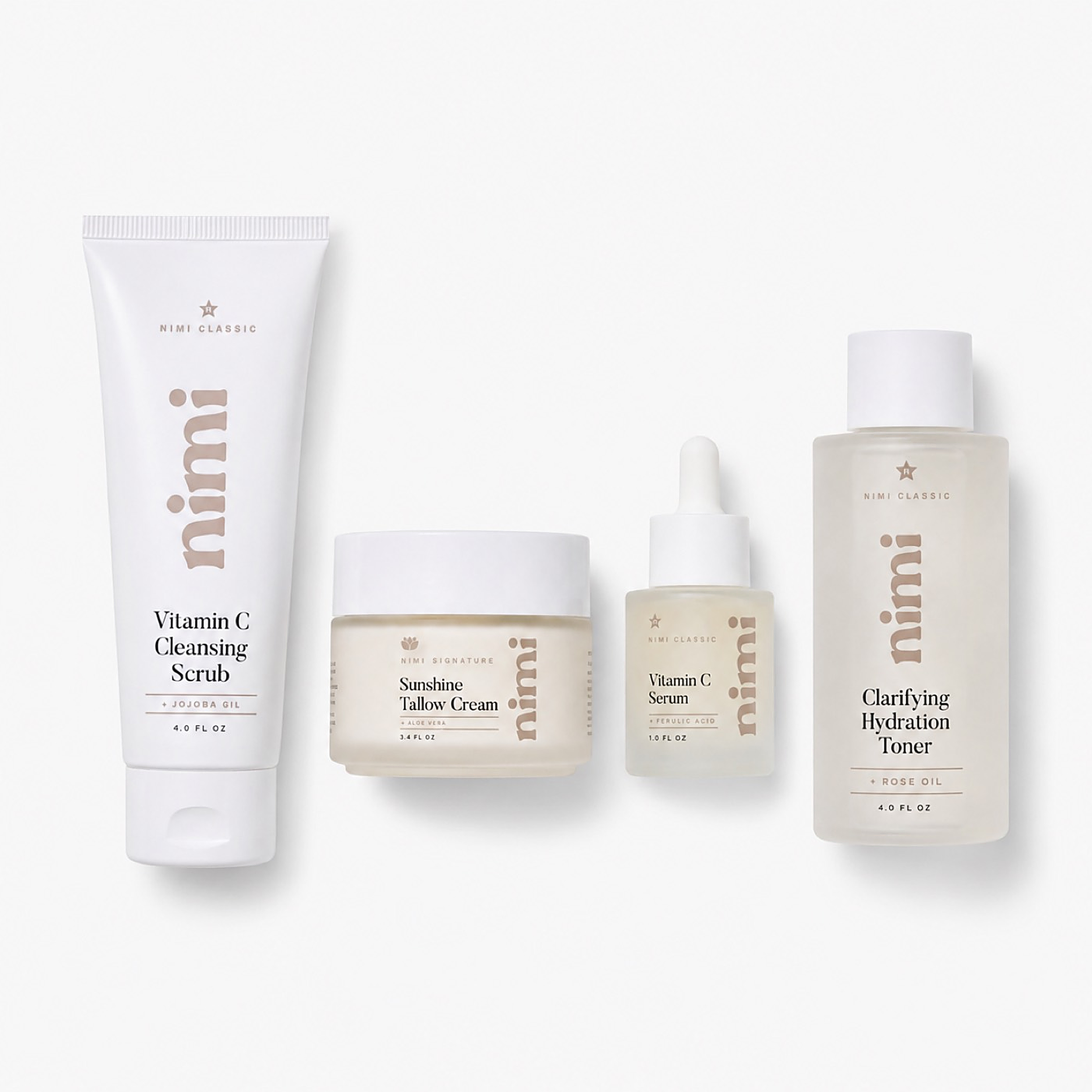 A collection of four Nimi brand skincare products displayed on white blocks against a white background.