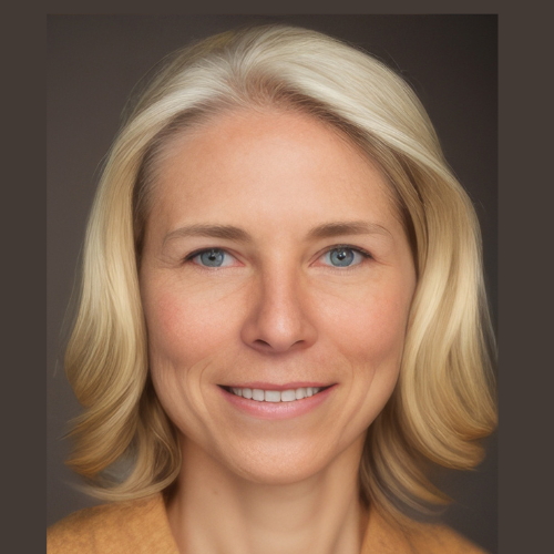 A headshot of a smiling woman with blonde hair and blue eyes against a solid brown background.