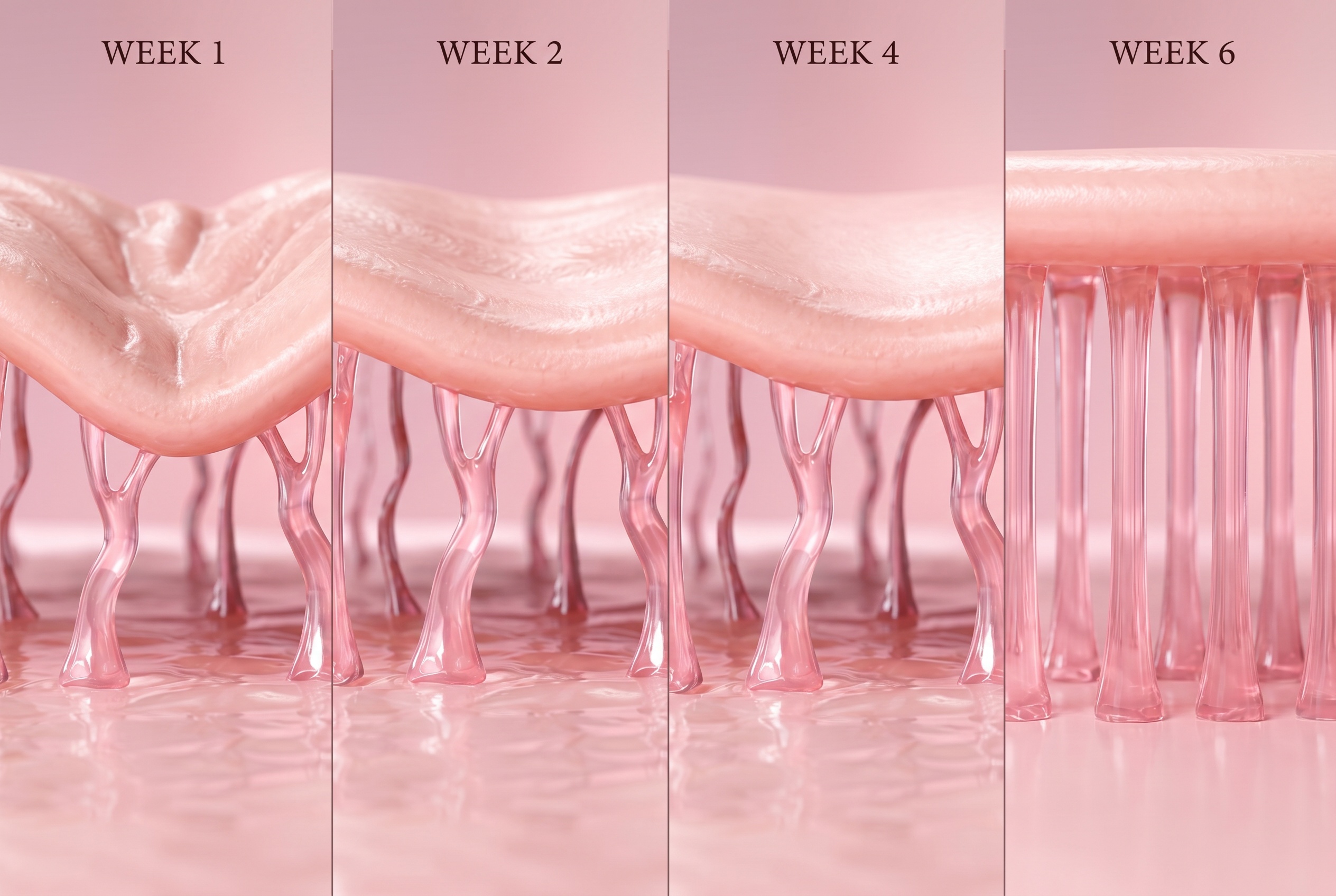 A four-panel illustration showing skin structure becoming firmer and smoother over six weeks.