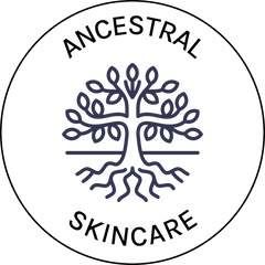 The Ancestral Skincare logo, which is a stylized tree with roots inside a circle with text.