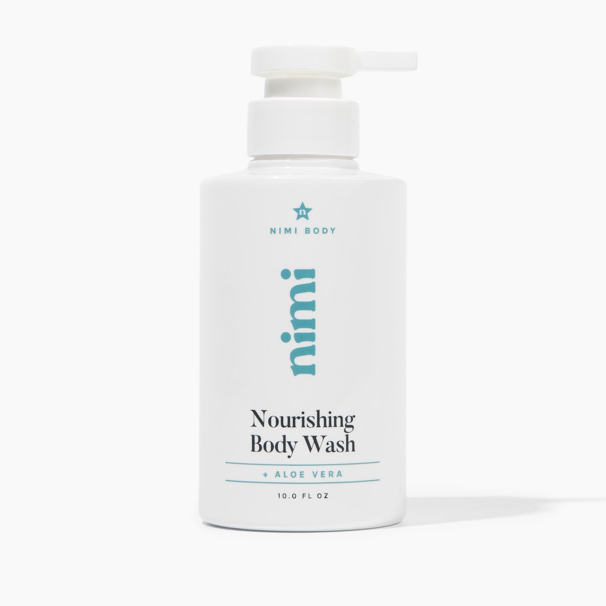 A white pump bottle of Nimi Body's Nourishing Body Wash with Aloe Vera, on a white background.