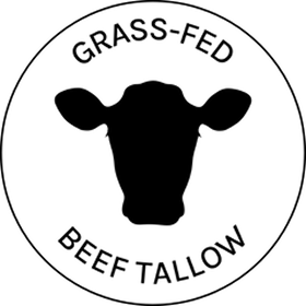 A circular black and white logo for 'Grass-Fed Beef Tallow' with a cow head silhouette.