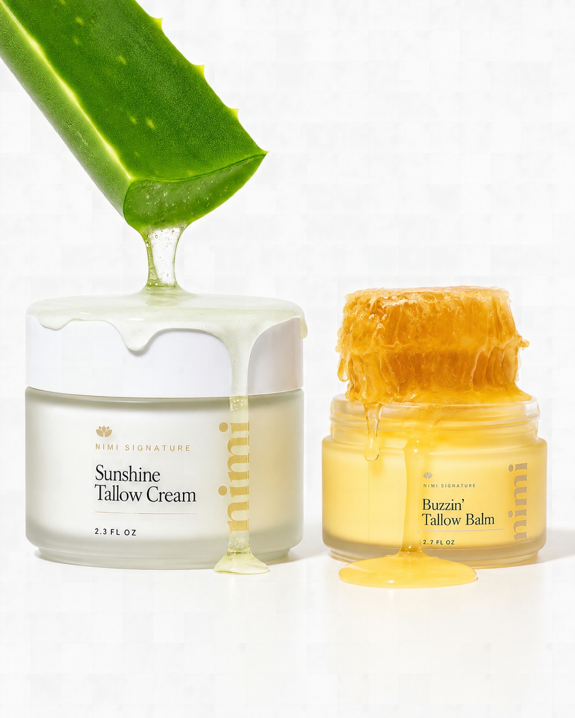 Two jars of skincare, one with aloe vera gel dripping on it and another with honey dripping from honeycomb.