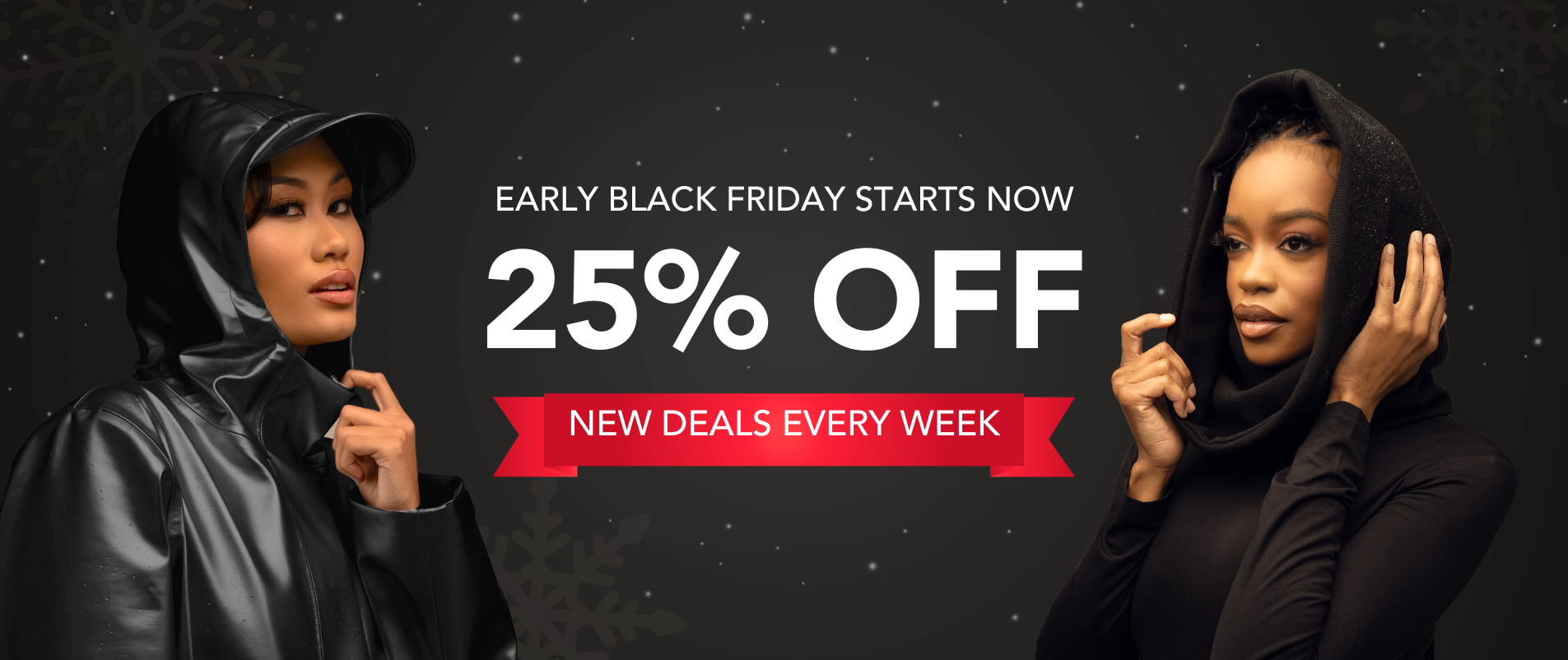 Two people in dark clothing with '25% off' and 'New deals every week' text.