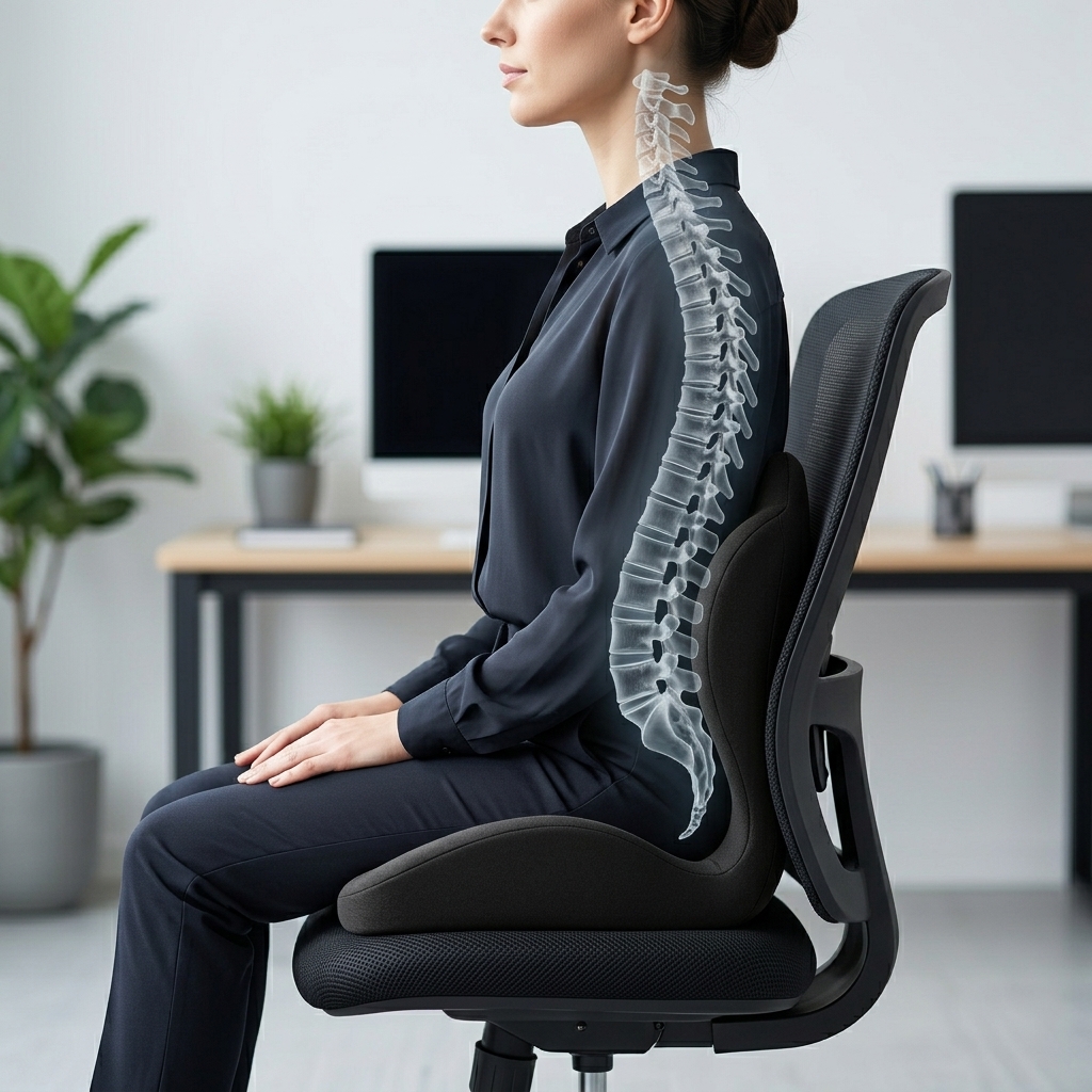 A woman sits in an office chair with a lumbar cushion, with an illustration of a spine overlaid.