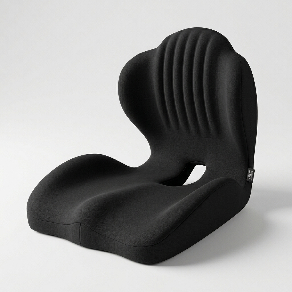 A black, contoured ergonomic seat and back support cushion on a plain white background.