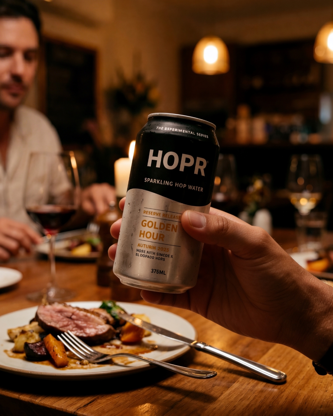 Hand holding a 'HOPR Sparkling Hop Water' can over a plate of food at a dinner table.