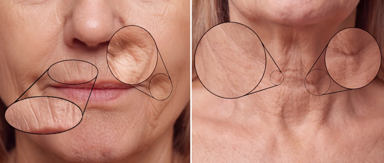 Close-up views of wrinkles on a woman's face and neck, with areas highlighted by magnifying circles.