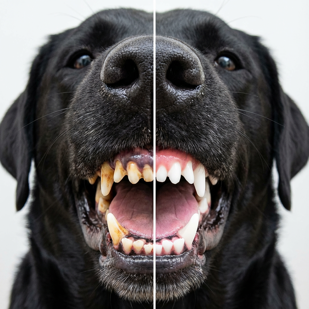 A split image showing a close-up of a black dog's mouth, with dirty teeth on one side and clean teeth on the other.