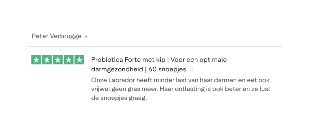 Review of Probiotica Forte with five-star rating and user comment in Dutch.