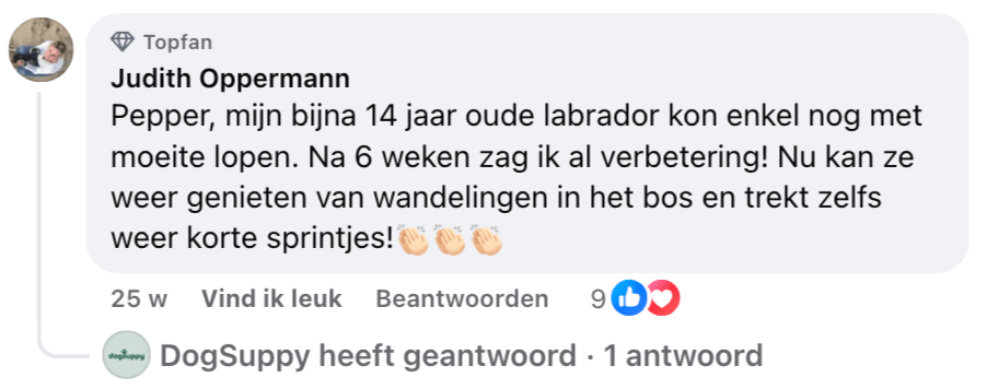 Facebook comment about a Labrador's improved mobility with clapping emojis.