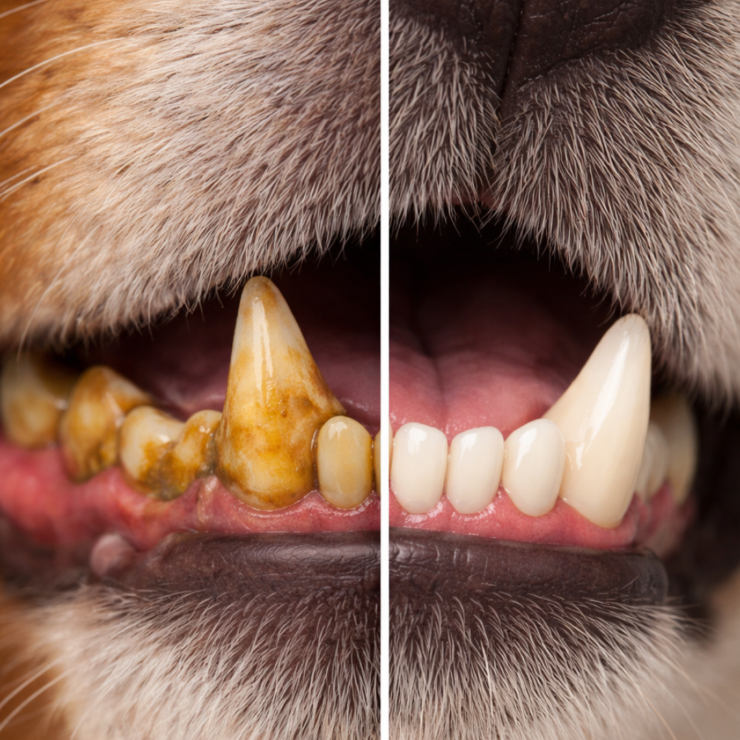 A before and after image showing a dog's teeth with tartar buildup and the same teeth after cleaning.