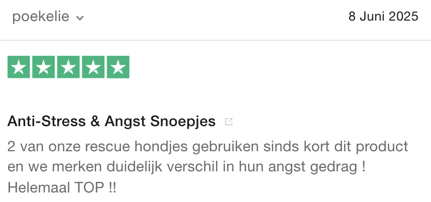 Review with five stars, text about anti-stress product for dogs, dated 8 June 2025.