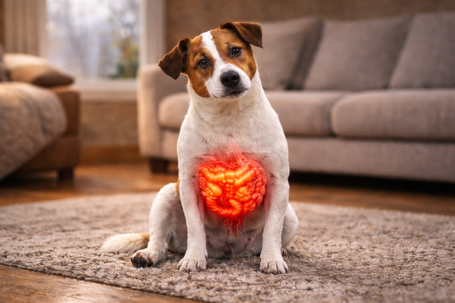 A Jack Russell terrier sitting on a rug with a glowing, red anatomical illustration of its intestines.