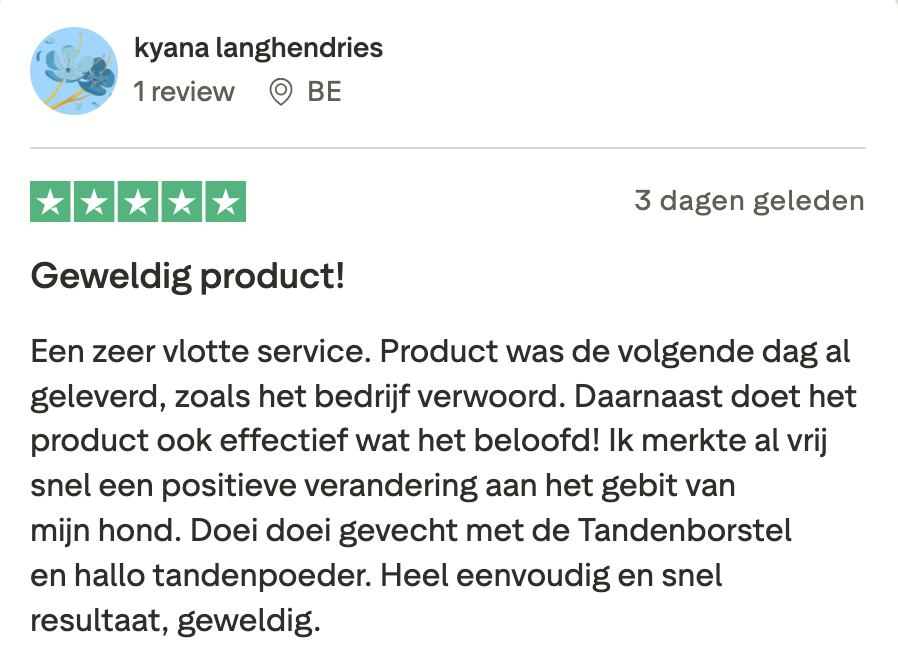 A screenshot of a five-star product review in Dutch from a user named Kyana Langhendries.