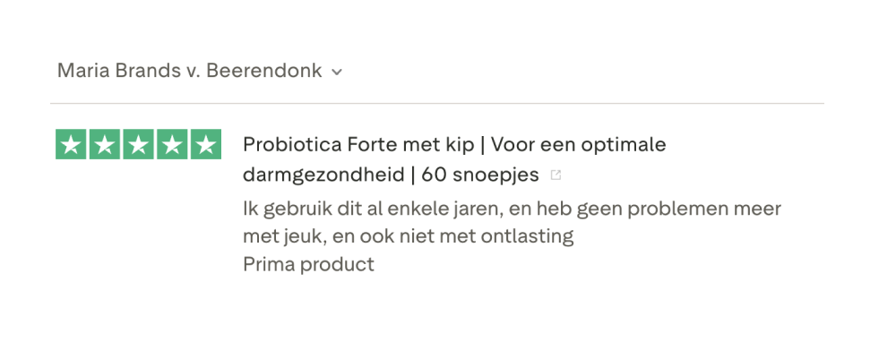 Review with five green stars for Probiotica Forte met kip.