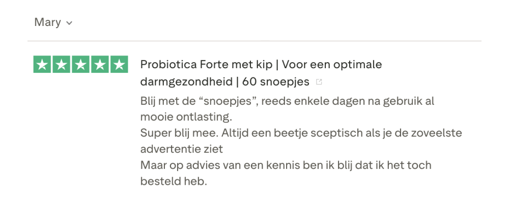 Review of Probiotica Forte with five-star rating and positive feedback in Dutch.