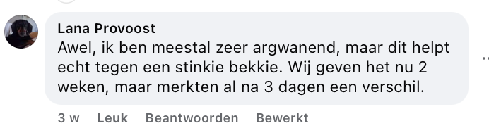 A review by Lana Provoost in Dutch about a product, with her profile picture.
